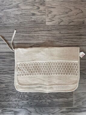 Neutral Beige Lace-Trim Linen travel lingerie bag